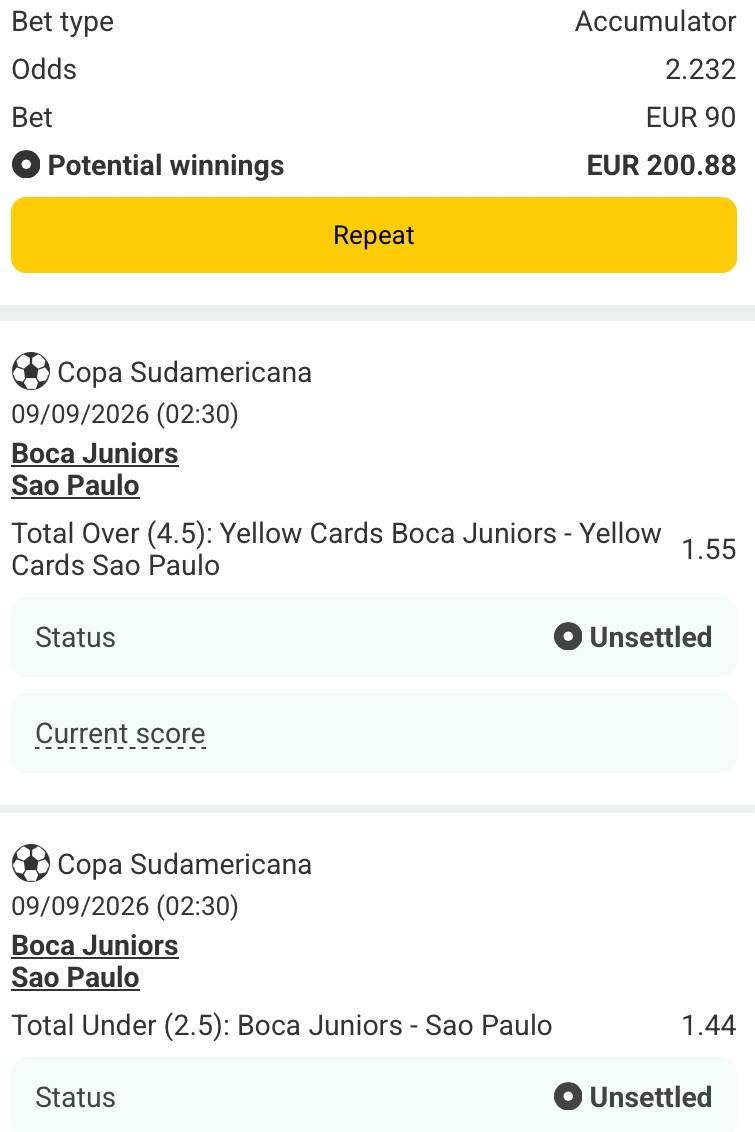 Bet slip for Boca Juniors vs Sao Paulo / Boca Juniors vs Sao Paulo