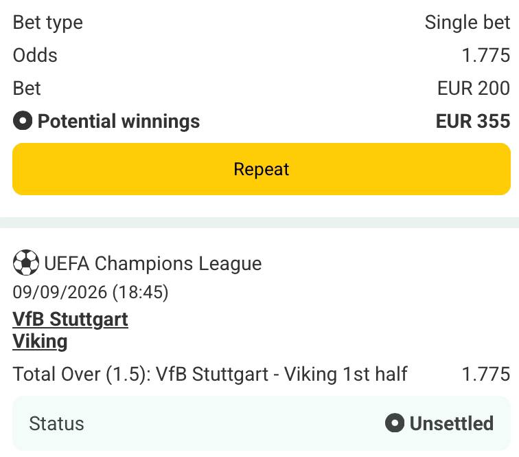 Bet slip for Stuttgart vs Viking