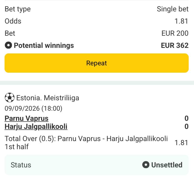 Bet slip for Parnu vs Harju