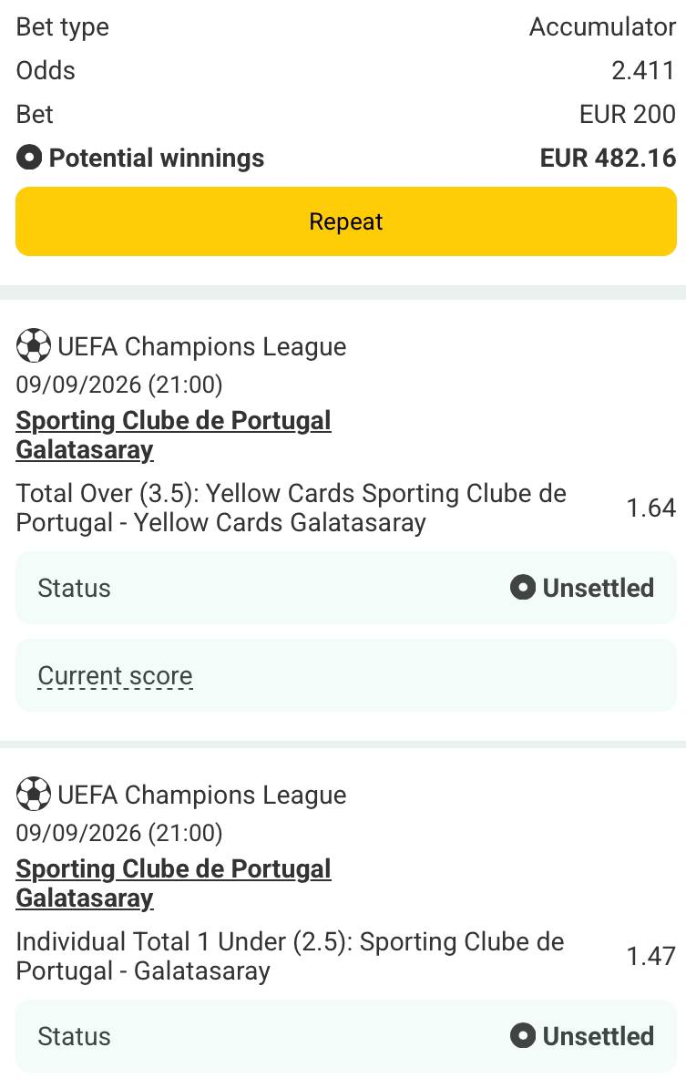 Bet slip for Sporting Clube de Portugal vs Galatasaray / Sporting Clube de Portugal vs Galatasaray