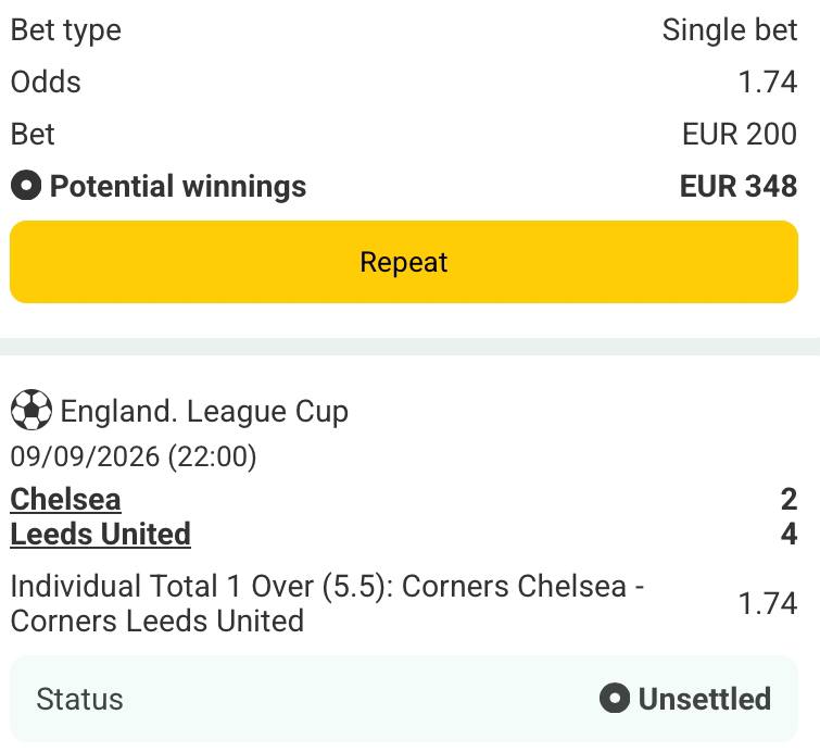 Bet slip for Chelsea vs Leeds United