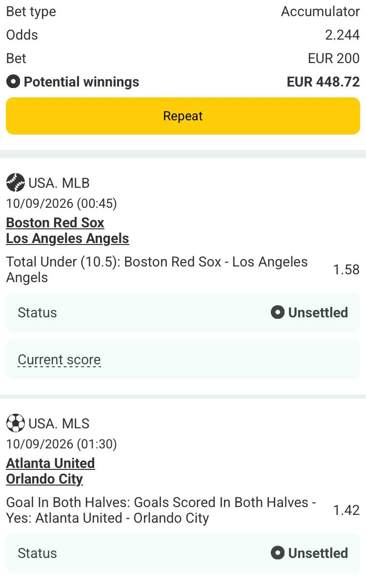Bet slip for Boston Red Sox vs Los Angeles Angels / Atlanta United vs Orlando City