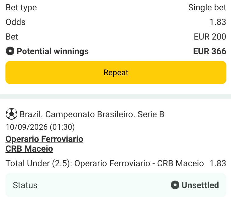 Bet slip for Operario Ferro vs CRB