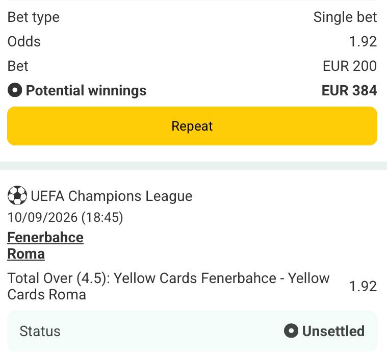 Bet slip for Fenerbahce vs AS Roma