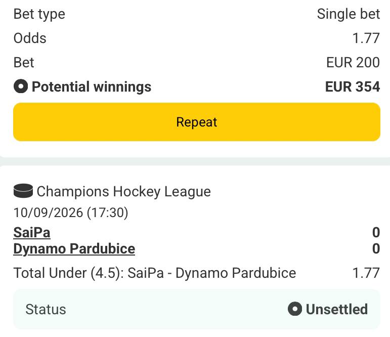 Bet slip for SaiPa vs Dynamo Pardubice
