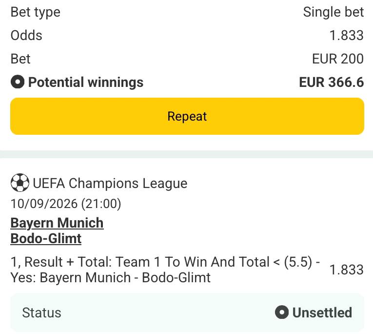 Bet slip for Bayern Munich vs Bodo-Glimt