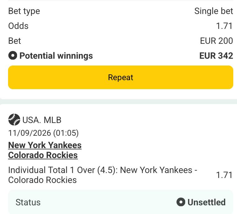 Bet slip for New York Yankees vs Colorado Rockies