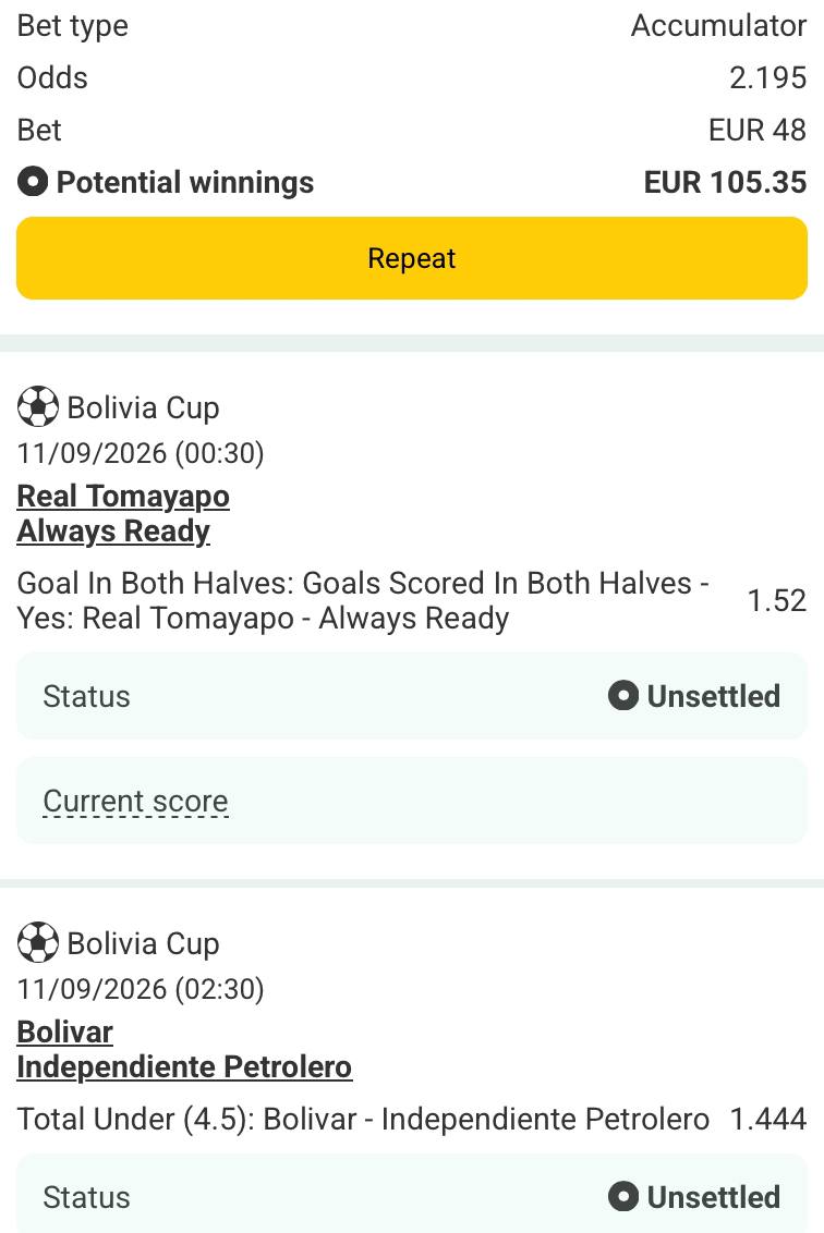 Bet slip for Real Tomayapo vs Always Ready / Bolivar vs Independiente Petrolero