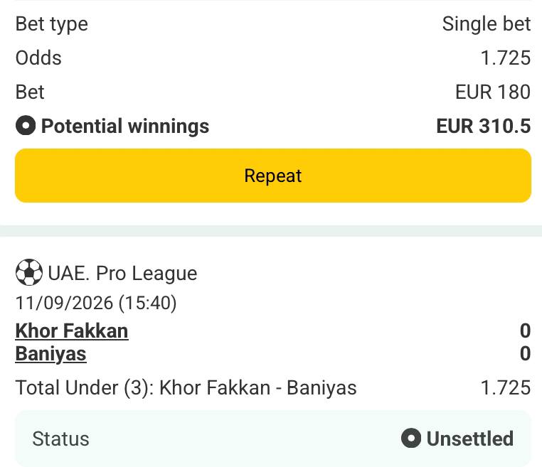 Bet slip for Khor Fakkan vs Baniyas