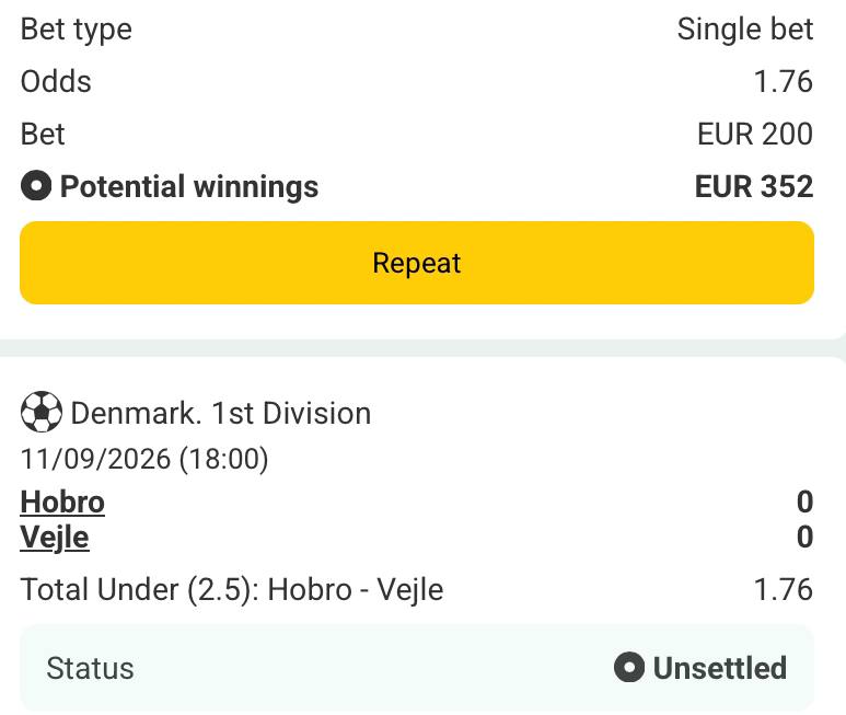 Bet slip for Hobro vs Vejle