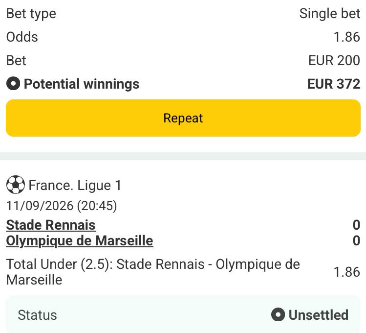 Bet slip for Rennais vs Marseille