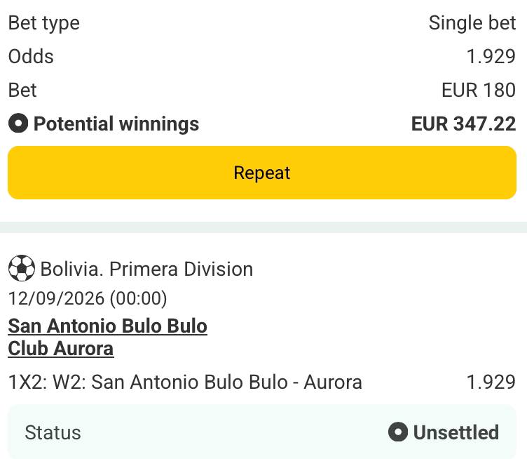 Bet slip for San Antonio Bulo Bulo vs Club Aurora