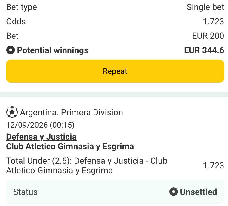 Bet slip for Defensa y Justicia vs Gimnasia y Esgrima