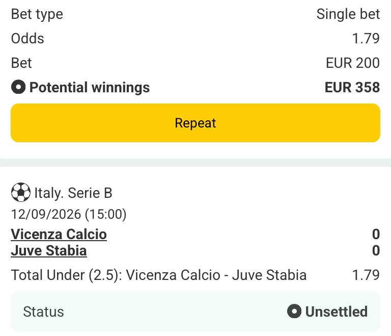 Bet slip for Vicenza Calcio vs Juve Stabia