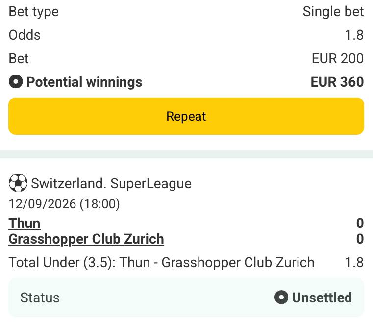 Bet slip for Thun vs Zurich