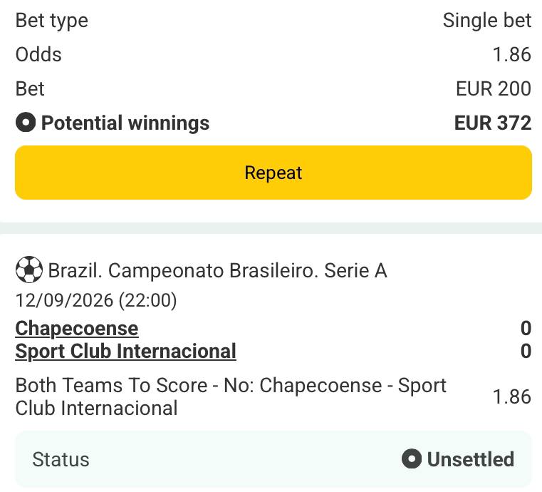 Bet slip for Chapecoense vs Internacional