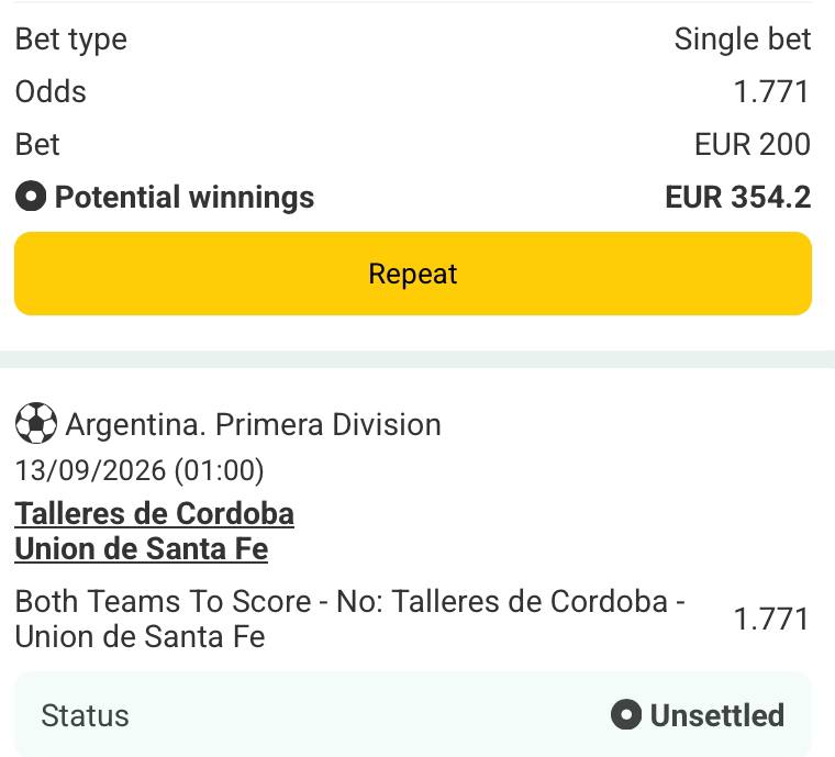 Bet slip for Tallares de Cordoba vs Union de Santa Fe