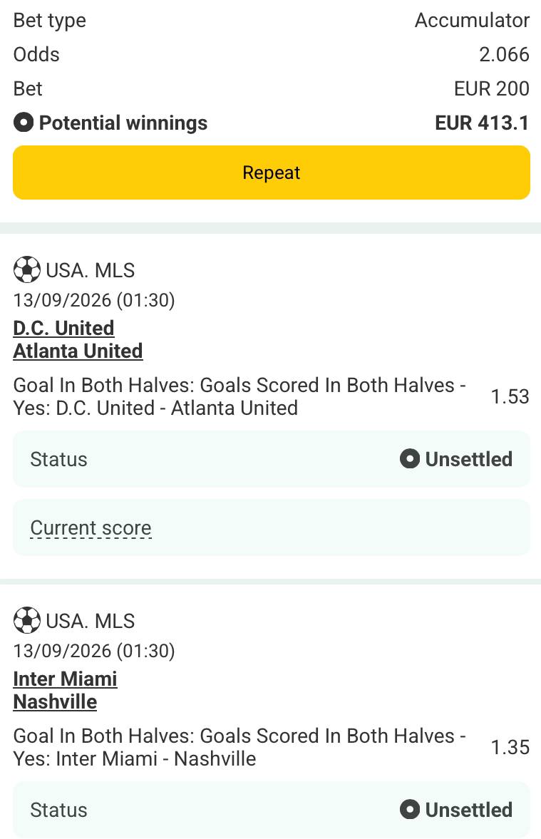 Bet slip for D.C. United vs Atlanta United / Inter Miami vs Nashville