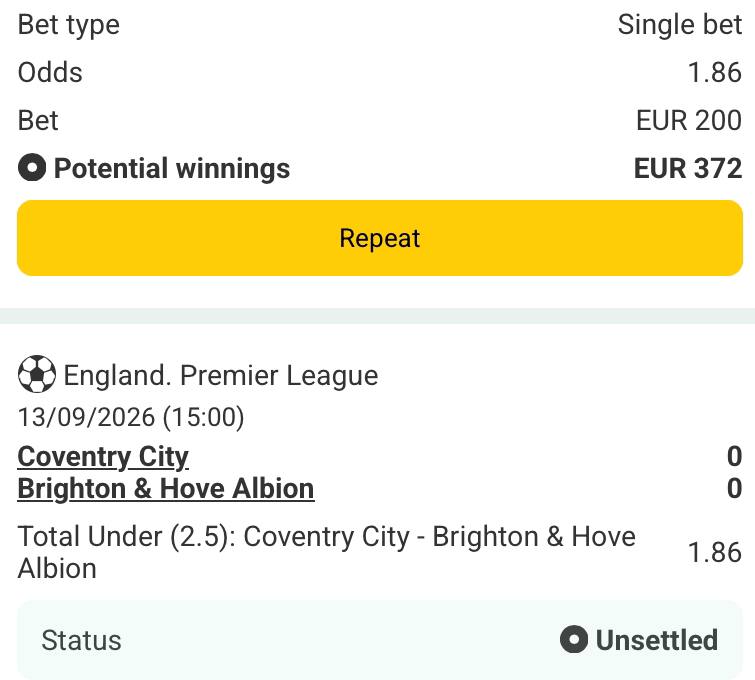 Bet slip for Coventry City vs Brighton