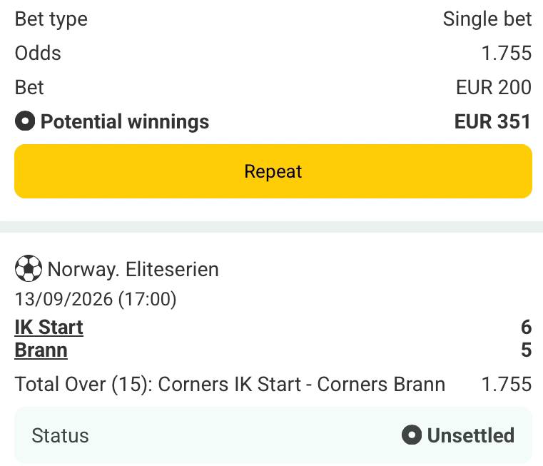 Bet slip for Start vs Brann