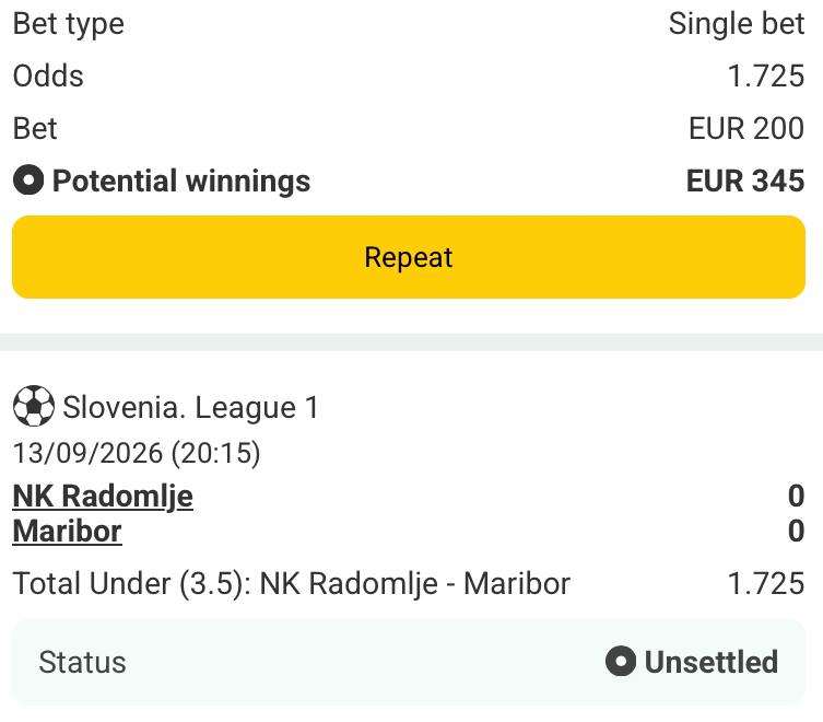 Bet slip for Radomlje vs Maribor