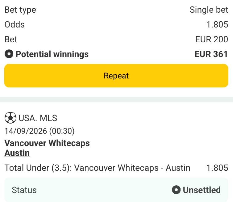 Bet slip for Vancouver Whitecaps vs Austin