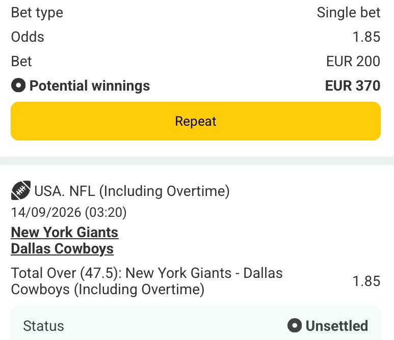 Bet slip for New York Giants vs Dallas Cowboys