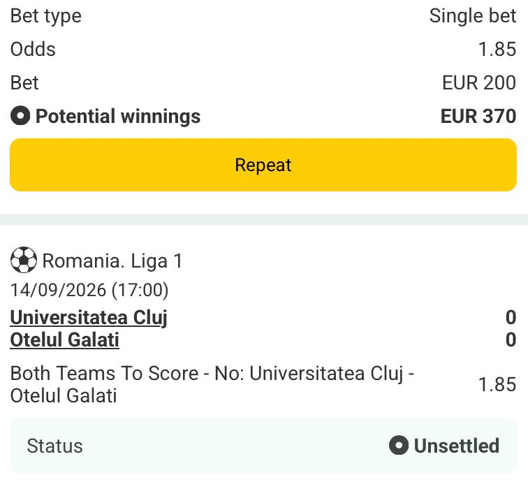 Bet slip for U.Cluj vs Otelul Galati