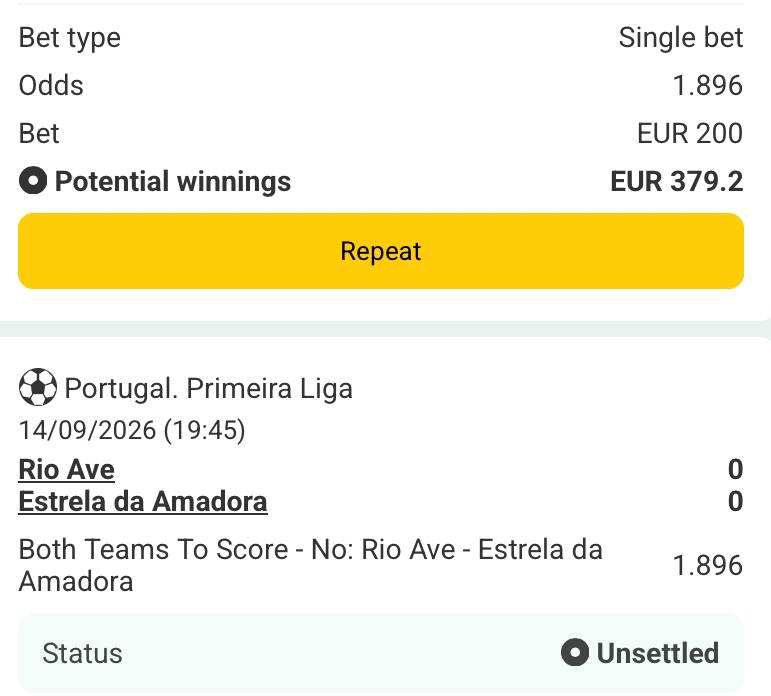 Bet slip for Rio Ave vs Estrela