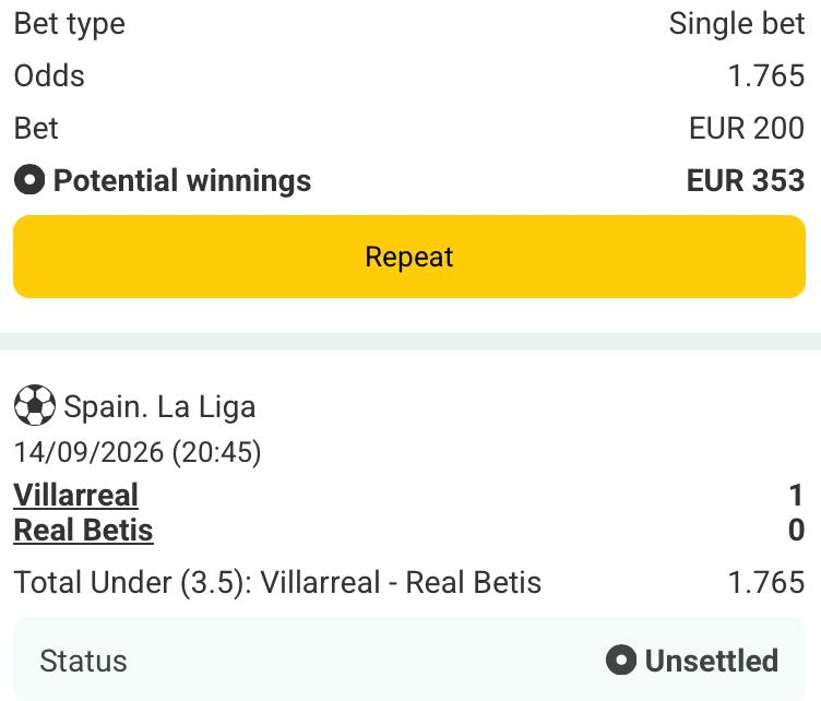 Bet slip for Villarreal vs Real Betis