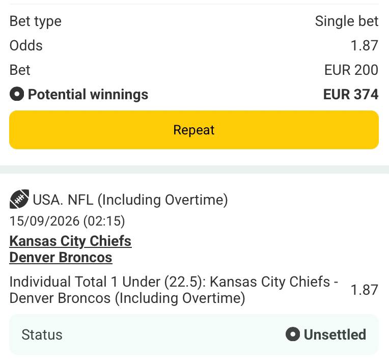 Bet slip for Kansas City Chiefs vs Denver Broncos