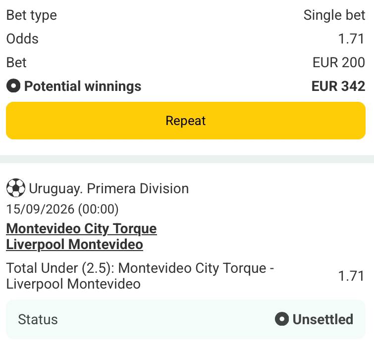 Bet slip for Montevideo City vs Liverpool