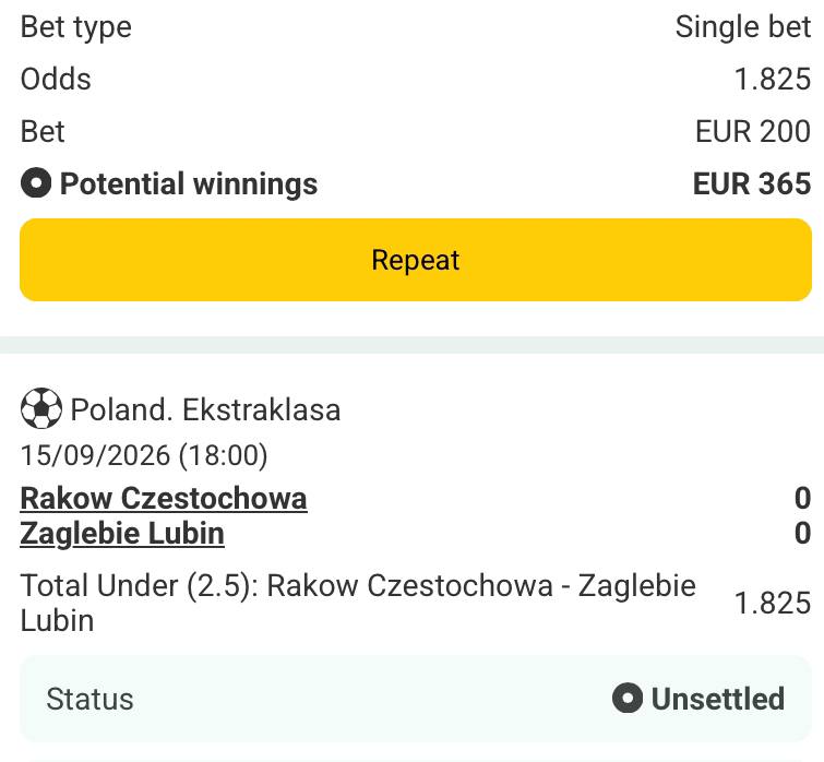 Bet slip for Rakow vs Zaglebie Lubin
