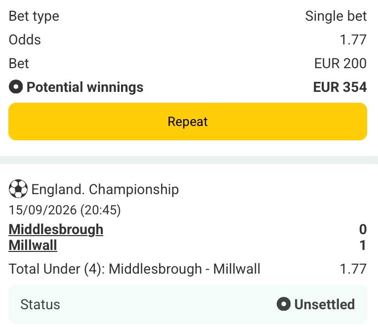 Bet slip for Middlesbrough vs Millwall