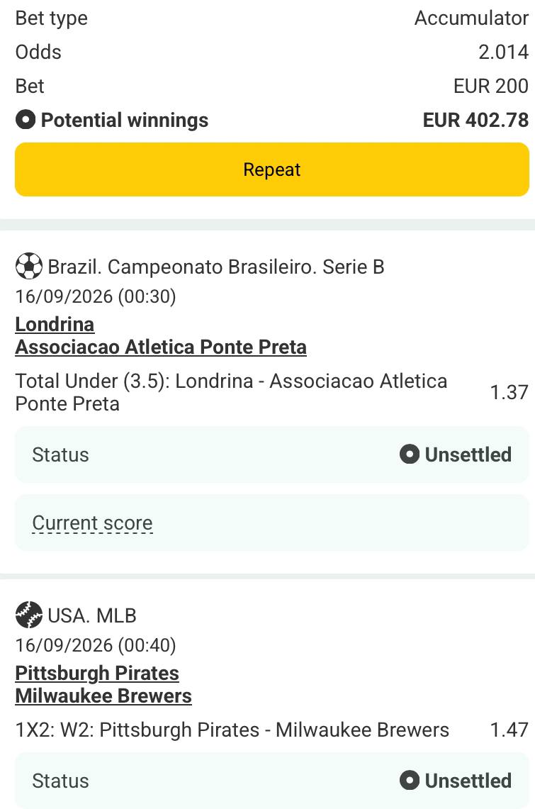 Bet slip for Londrina vs Associacao Atletico Ponte Preta / Pittsburgh Pirates vs Milwaukee Brewers