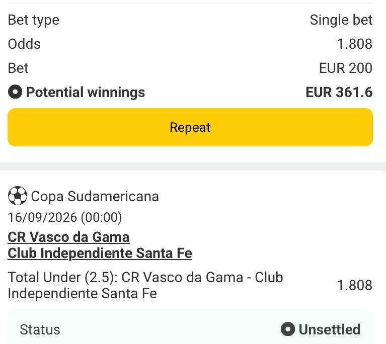 Bet slip for Vasco da Gama vs Santa Fe