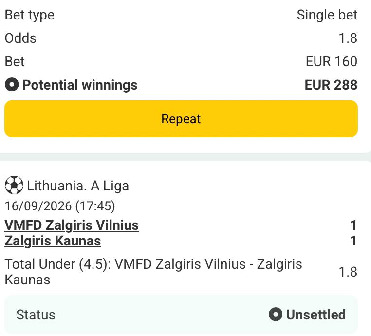 Bet slip for Zalgiris Vilnius vs Zalgiris Kaunas