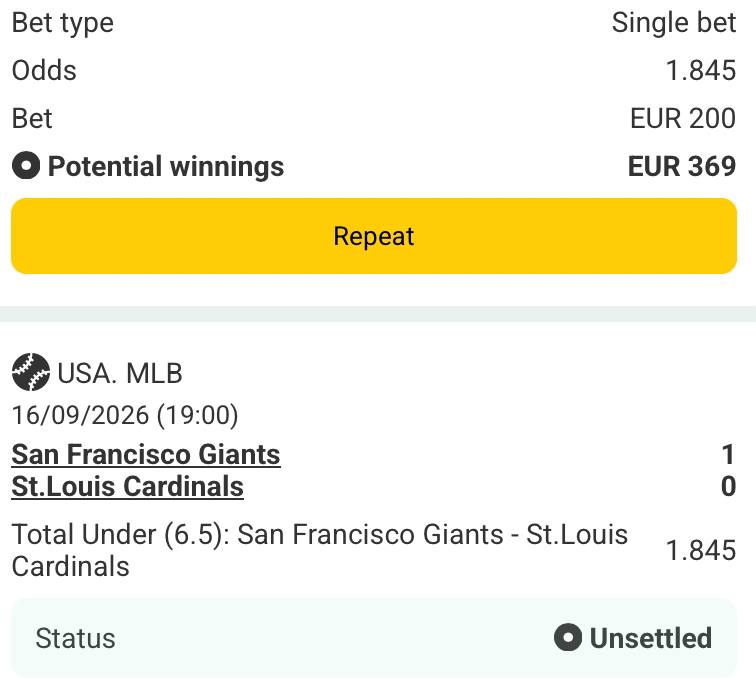 Bet slip for San Francisco Giants vs St.Louis Cardinals