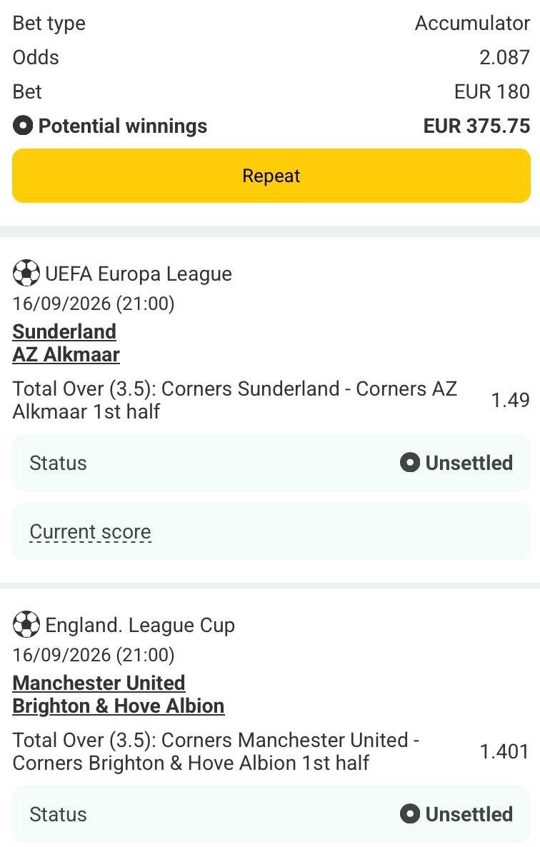 Bet slip for Sunderland vs AZ Alkmaar / Manchester United vs Brighton & Hove Albion