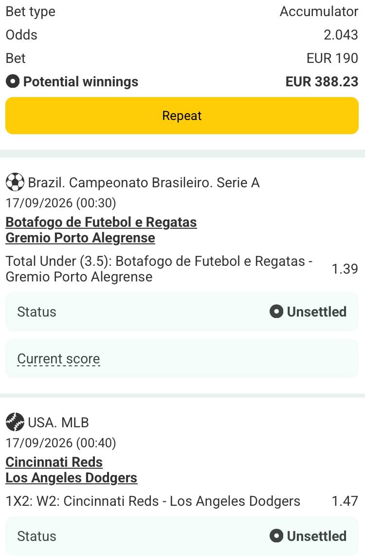 Bet slip for Botafogo de Futebol e Regatas vs Gremio Porto Alegrense / Cincinnati Reds vs Los Angeles Dodgers