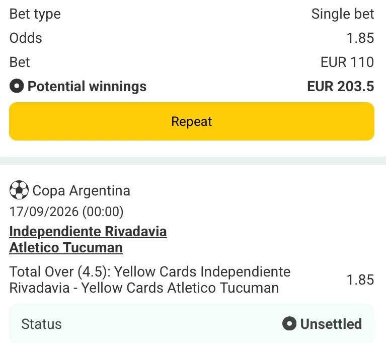 Bet slip for Rivadavia vs Atletico Tucuman