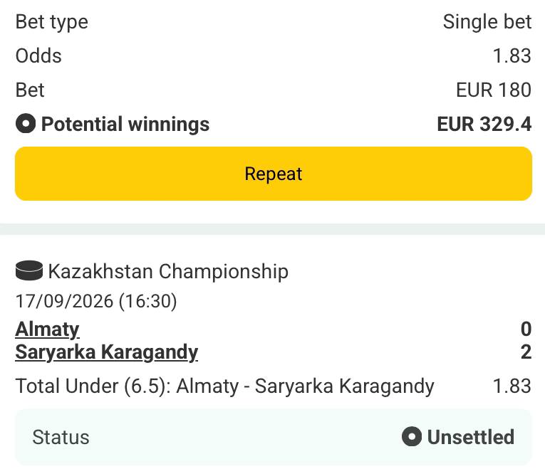 Bet slip for Almaty vs Karagandy