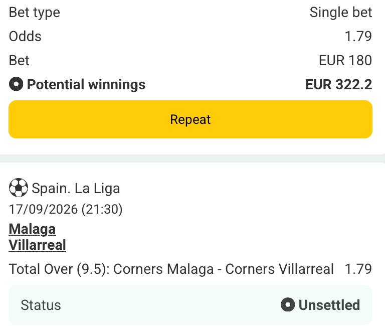 Bet slip for Malaga vs Villarreal
