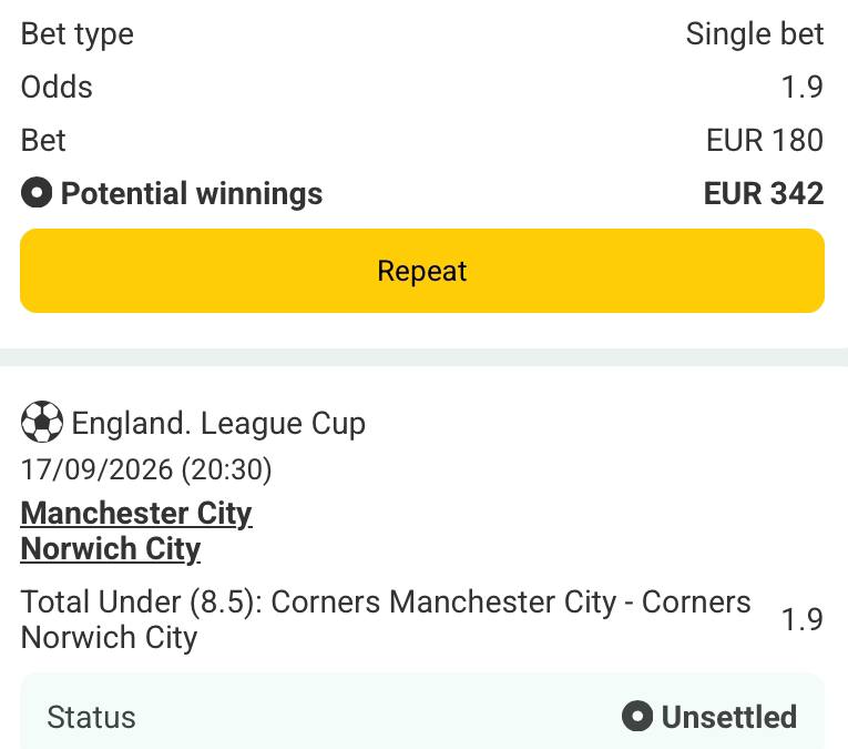 Bet slip for Manchester City vs Norwich City