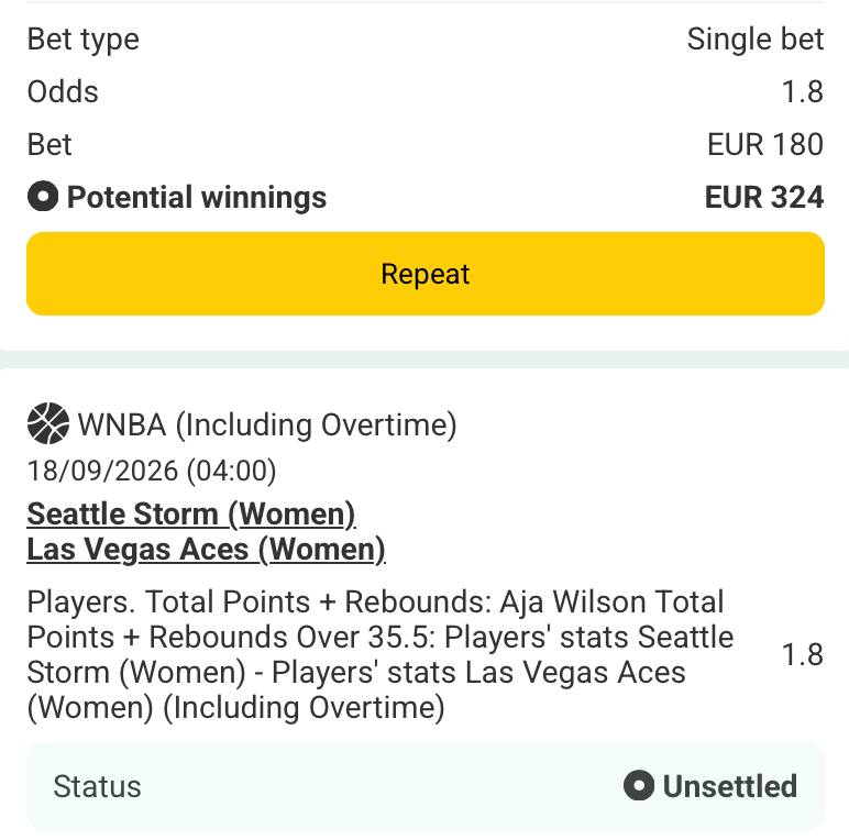 Bet slip for Seattle Storm vs Las Vegas Aces