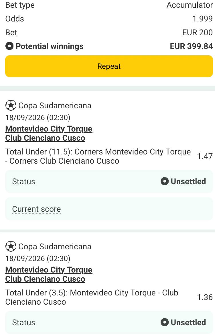 Bet slip for Montevideo City Torque vs Club Cienciano Cusco / Montevideo City Torque vs Club Cienciano Cusco