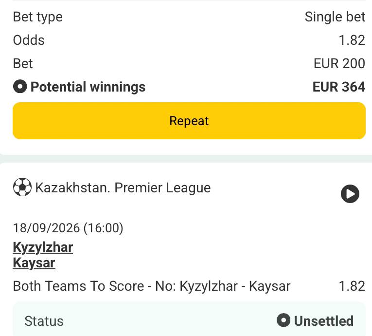 Bet slip for Kyzylzhar vs Kaysar