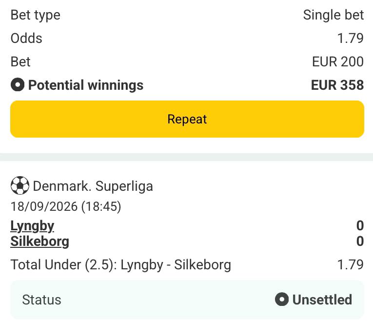 Bet slip for Lyngby vs Silkeborg