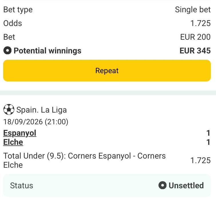 Bet slip for Espanyol vs Elche