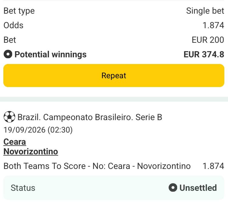 Bet slip for Ceara vs Novorizontino